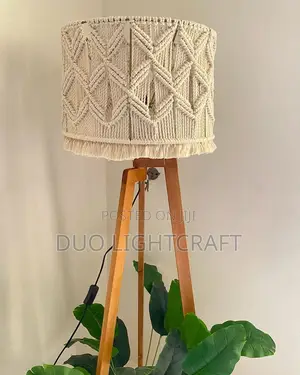 Wooden Floor Lamp With Macrame Pattern Shade