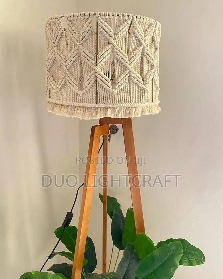 Wooden Floor Lamp With Macrame Pattern Shade