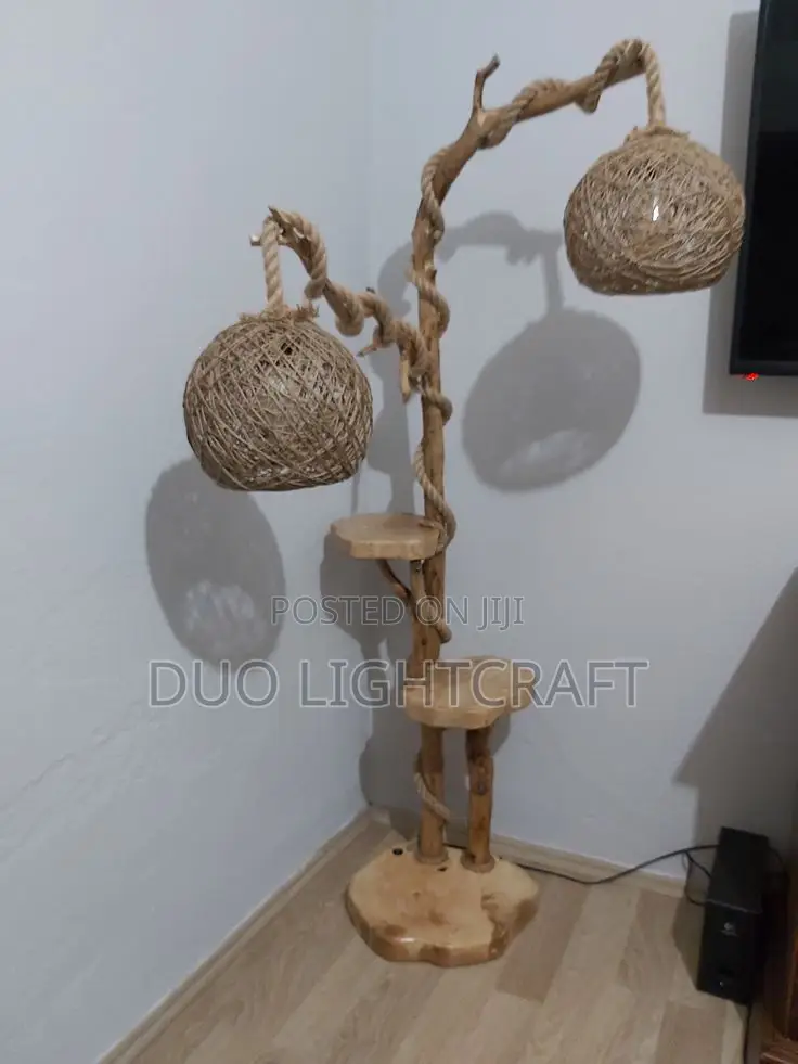 Tree Branch Floor Lamp With Woven Bamboo Shade