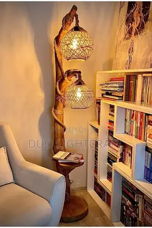 Tree Branch Floor Lamp With Woven Bamboo Shade