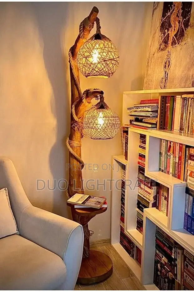 Tree Branch Floor Lamp With Woven Bamboo Shade