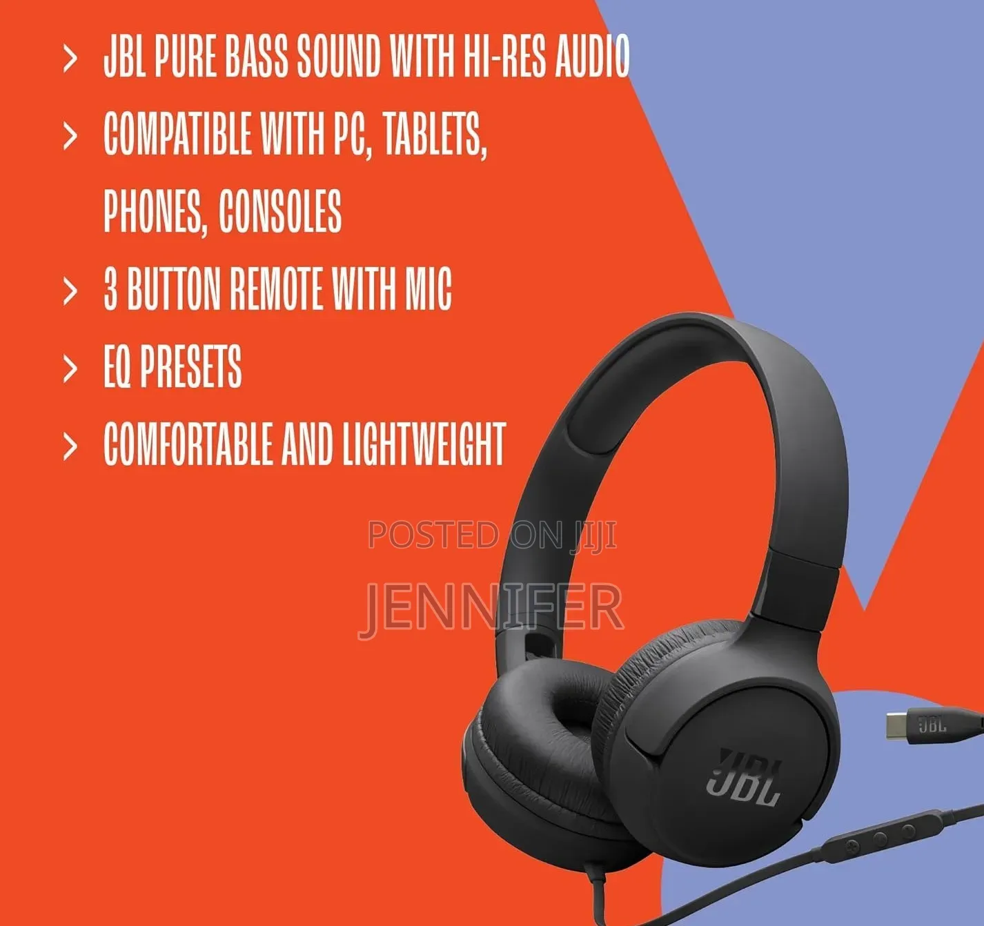 JBL Tune 520c Wired on-Ear Headphones in Black.