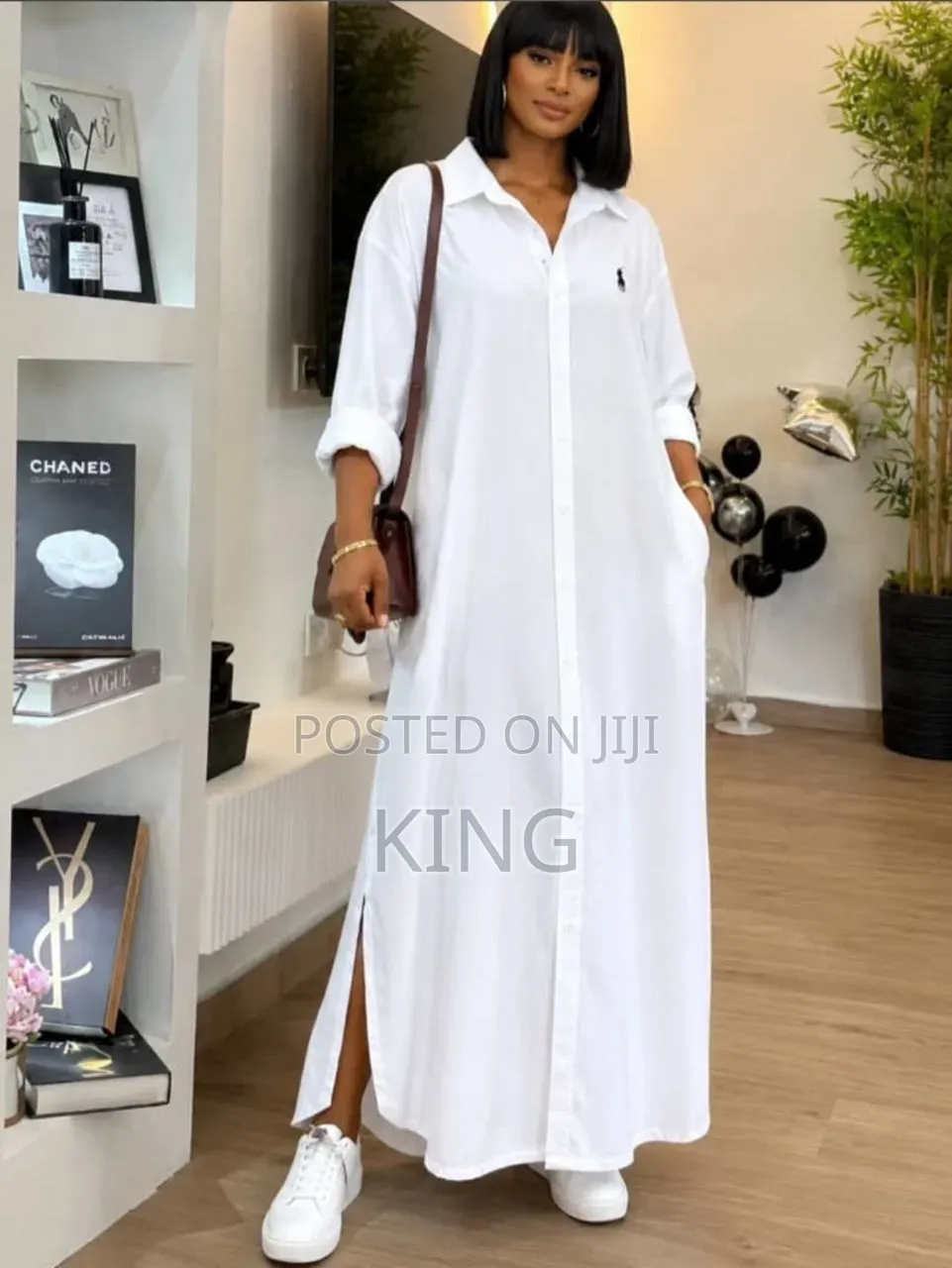 White, Green, Pink Button-Up Shirt Dress With a Collar,