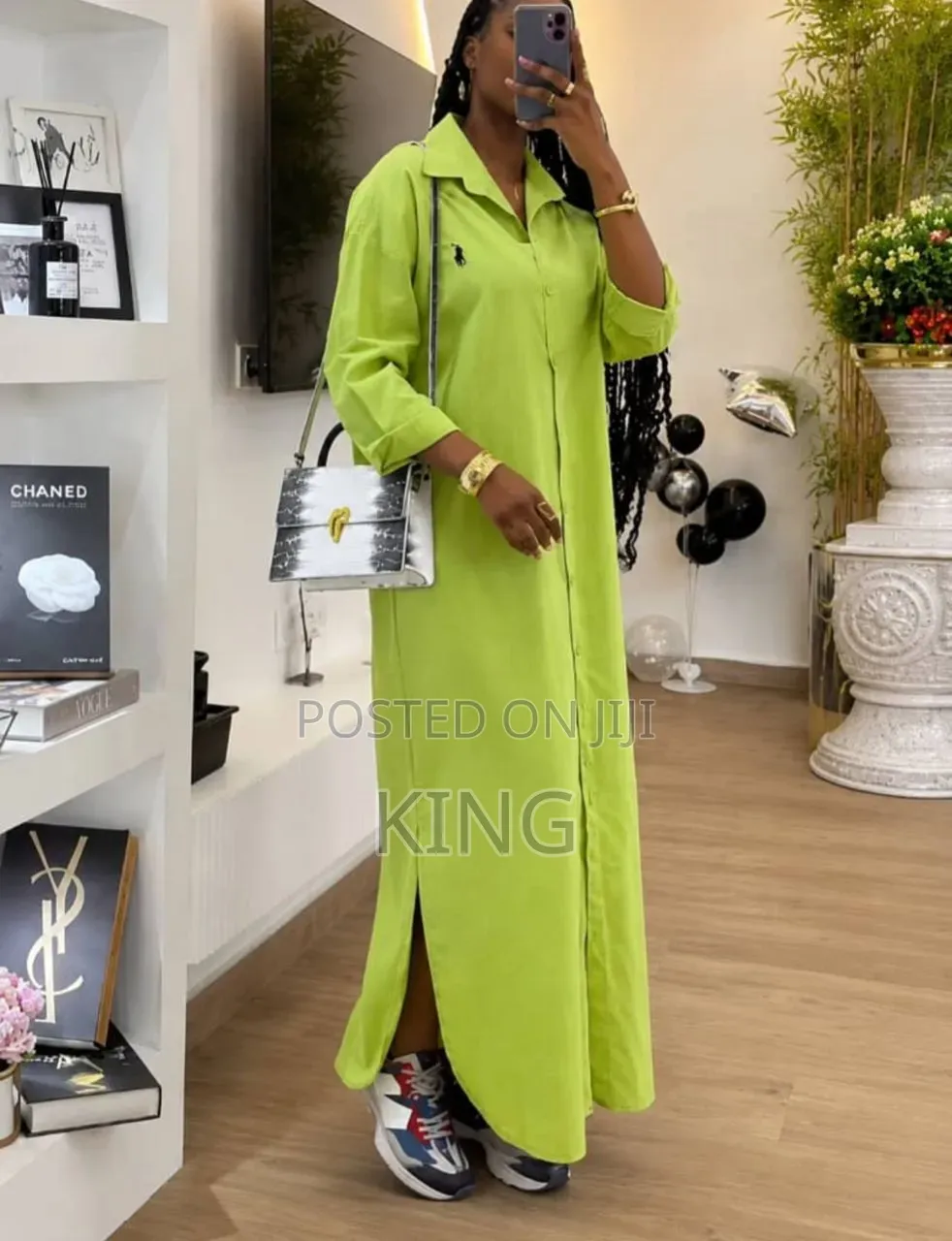 White, Green, Pink Button-Up Shirt Dress With a Collar,