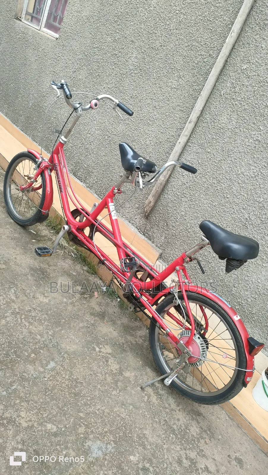 Japanese Vintage Red Bridgestone Tandem Bicycle, 2 Seats, 2 Wheels.