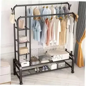 5 Tier Storage Shelves Coat Rail And 4 Holders Double Pole Clothes