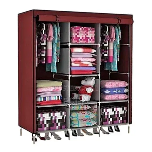 3-Column Cloth Frame Portable Wardrobe Storage - Maroon