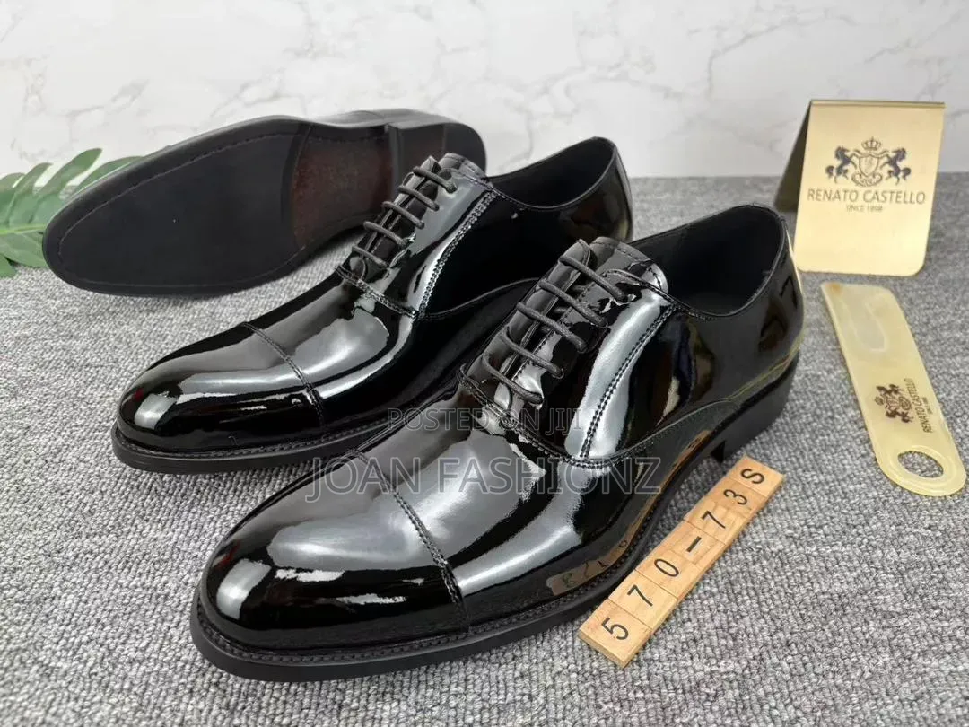 Renato Castello Men's Cap -Toe Oxford Leather Shinny Shoes_ Black