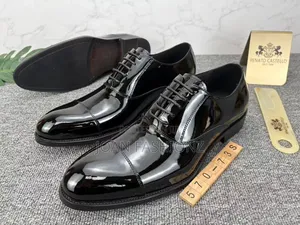 Renato Castello Men's Cap -Toe Oxford Leather Shinny Shoes_ Black