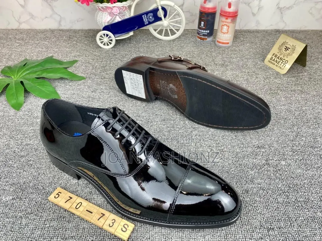 Renato Castello Men's Cap -Toe Oxford Leather Shinny Shoes_ Black