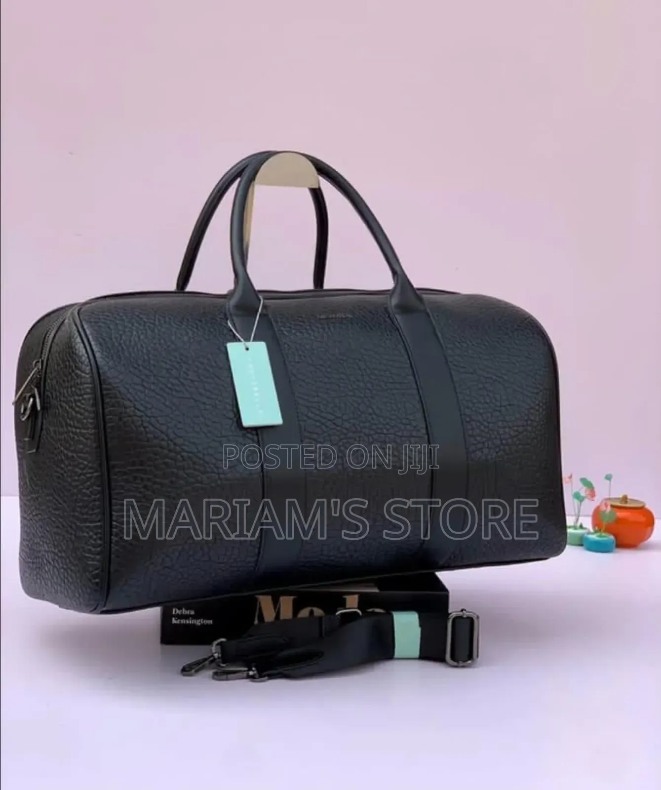 Chrisbella Leather Travel Duffle Bag With Textured Black Finish.