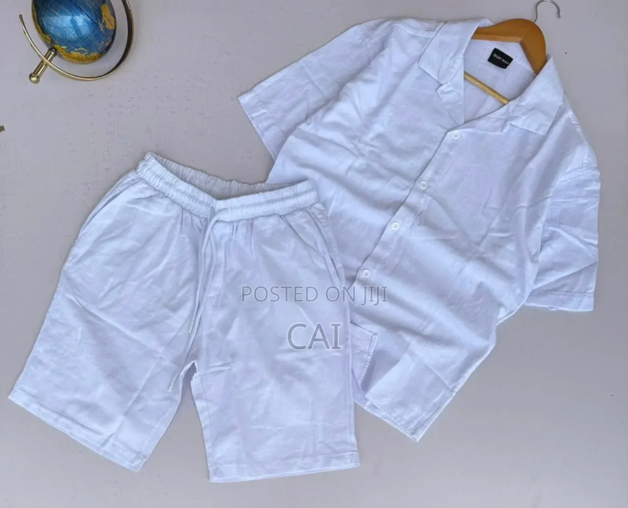Crisp White Linen Two Pieces. Shirt-Trouser, Shirt-Short