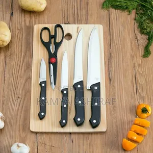 Wooden Chopping Board, Stainless Steel Knives, and Kitchen Scissors.