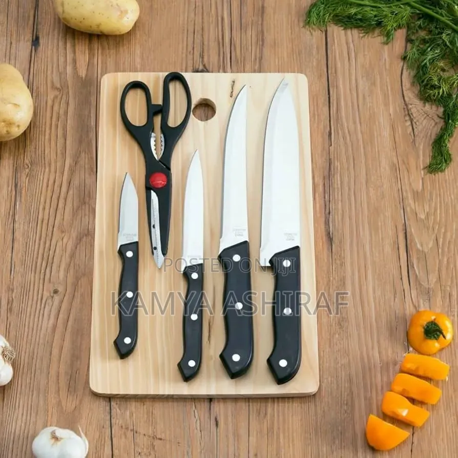Wooden Chopping Board, Stainless Steel Knives, and Kitchen Scissors.