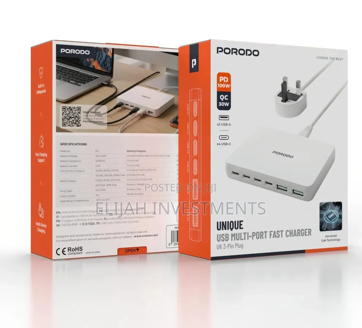 Porodo Velora 100w 4x Usb-c 2x Usb-a Gan Wall Charger