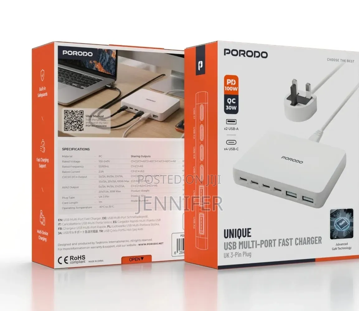 Porodo Velora 100w 4x Usb-C 2x Usb-a Gan Wall Charger