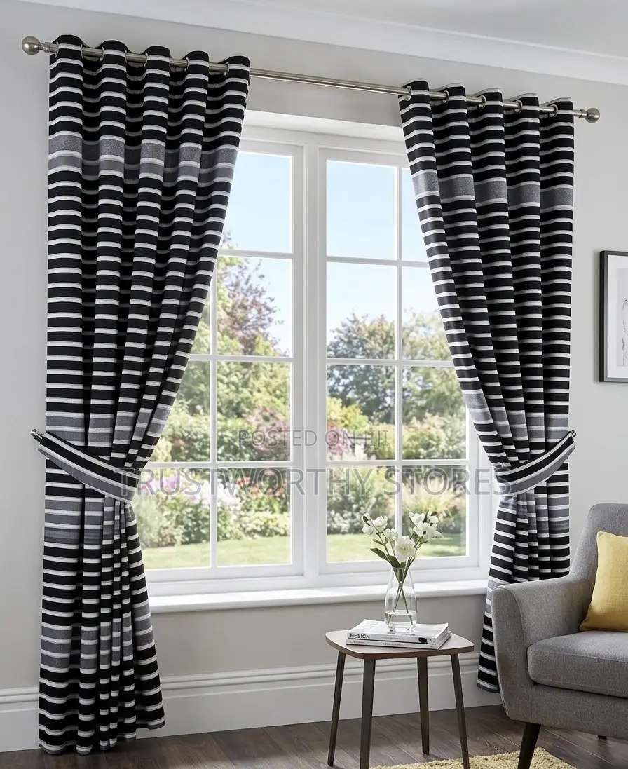 (2 Curtains and 1 Net) 3pcs Designed Ring Curtains Black and White