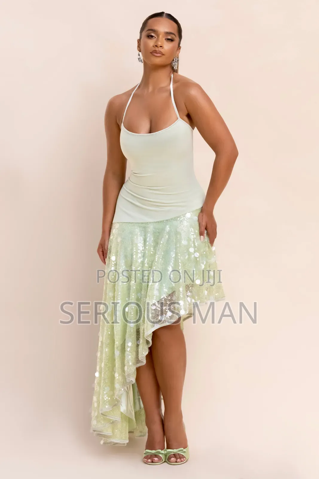 Mint Green Sequin Asymmetric Mesh Dress From Binwa London.