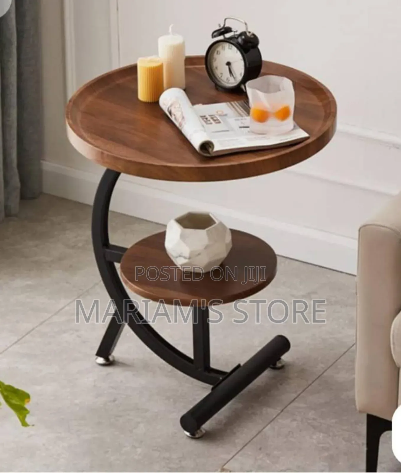 C-Shaped, Two-Tier Sofa Side Table Awood-Grain Top]