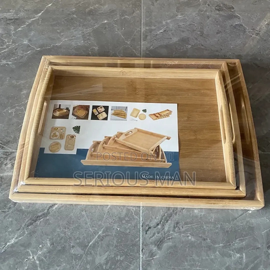 Set of 3pcs Bamboo Wooden Trays With Golden Handles - Brown