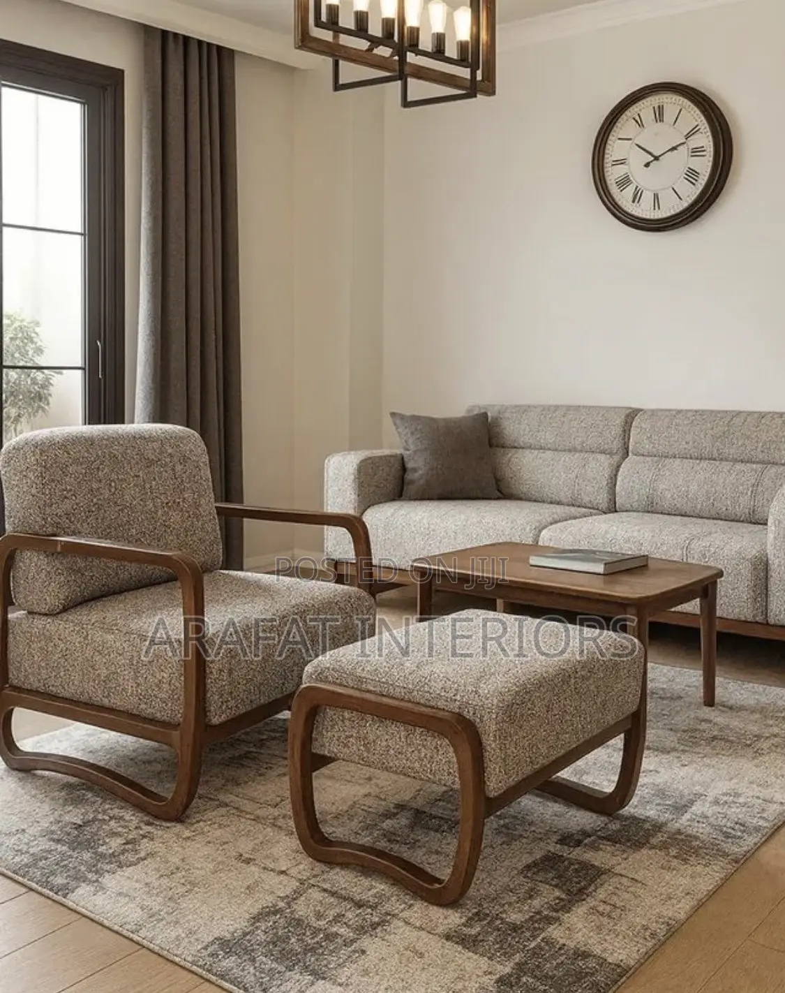 Armchair + Matching Ottoman With Distinctive Curved Wooden Frames