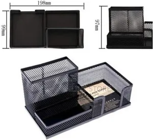 3 Compartment Multi Functional Metal Mesh Desk Organizer , Black)