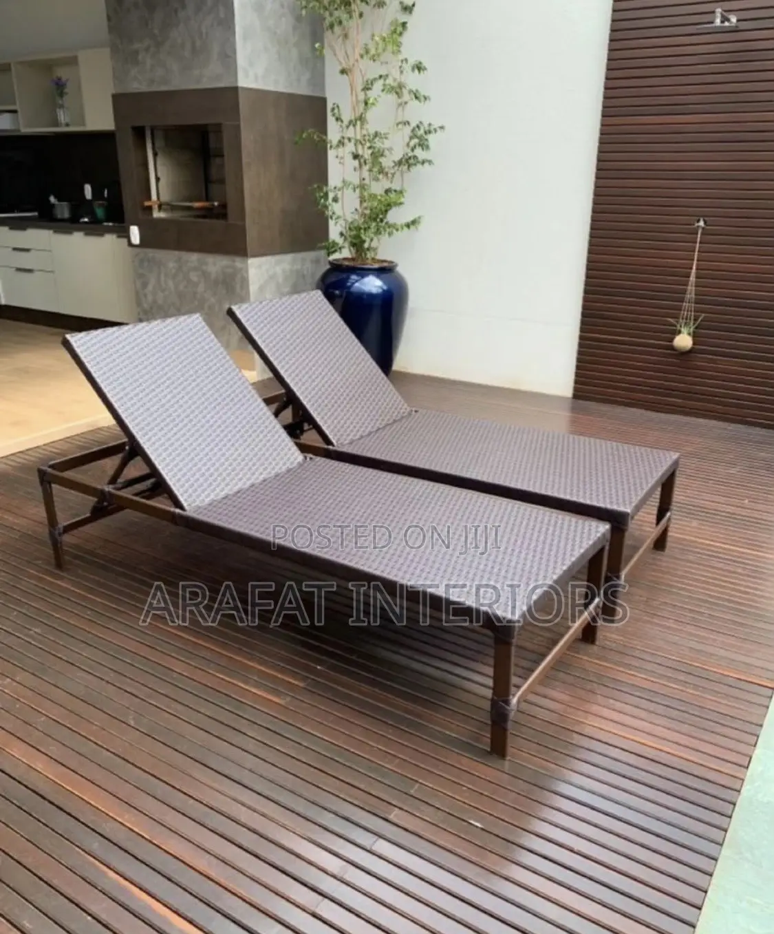 Dark Brown Wooden Frame Outdoor Lounge Chairs
