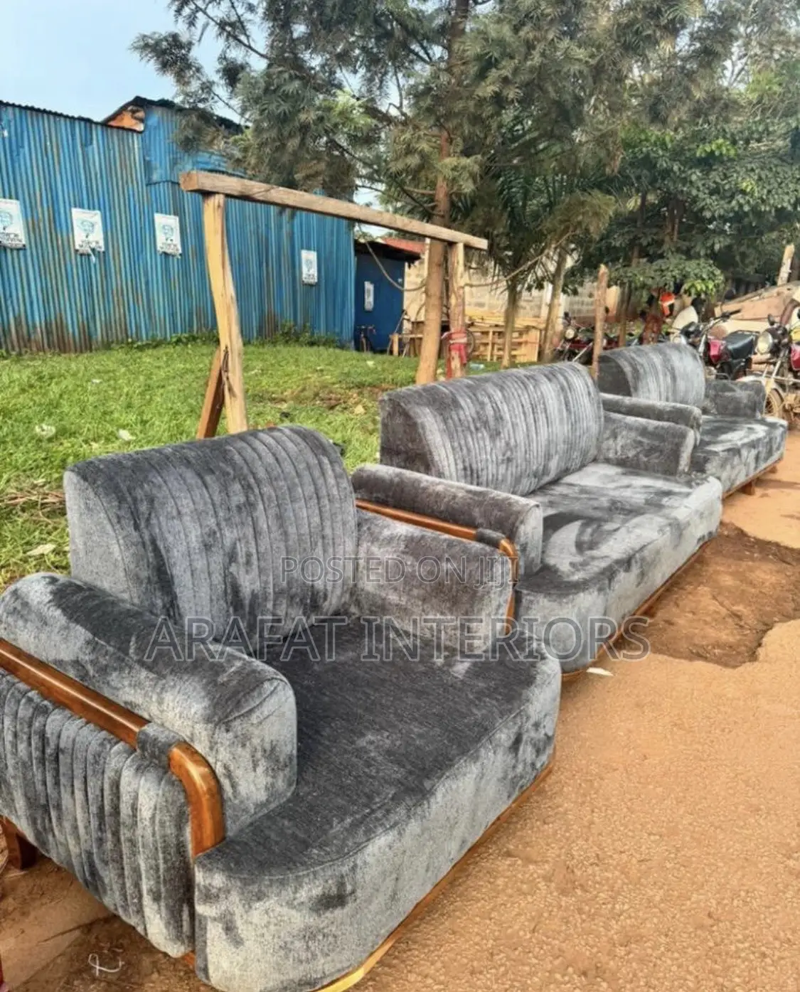 Grey Velvet Sofa Set With Wooden Armrests - 3+2+1 Seater