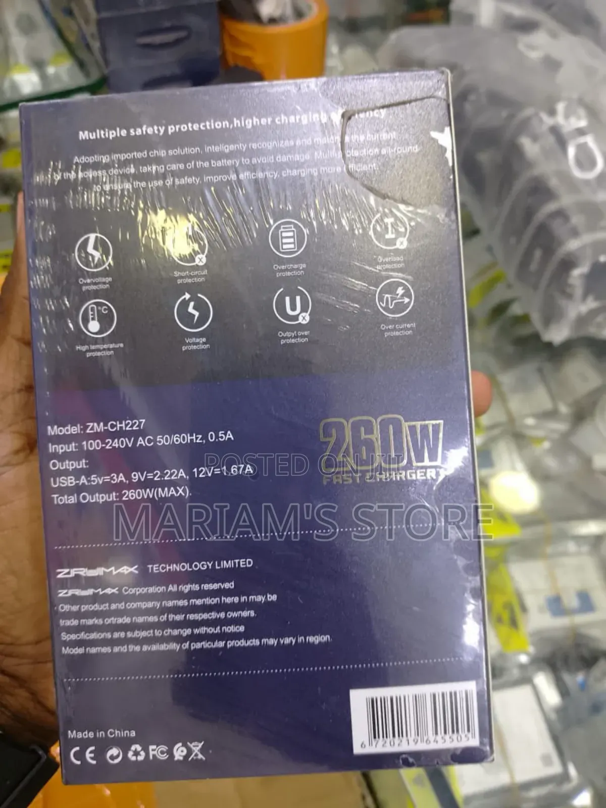 260w Fast Charger Packaged in a Purple and White Box.