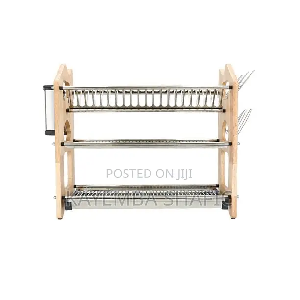 Heavy Duty Stainless Steel 3-Layer Dish Rack With Wood Frame