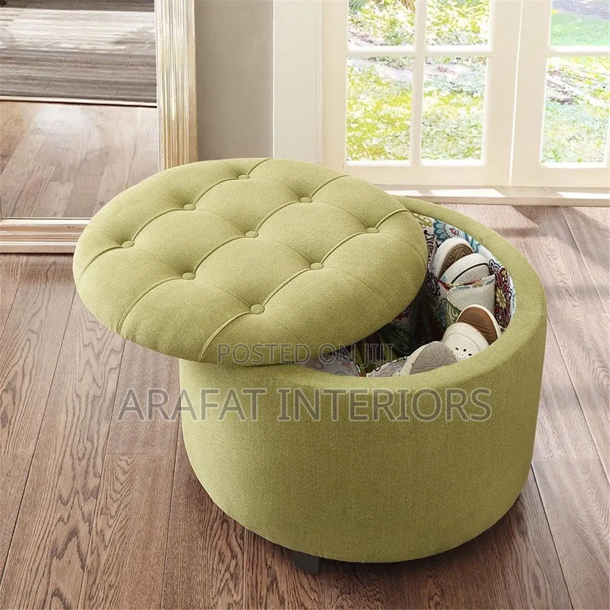 Neutral Gray Tufted Cocktail Ottoman – Excellent Condition