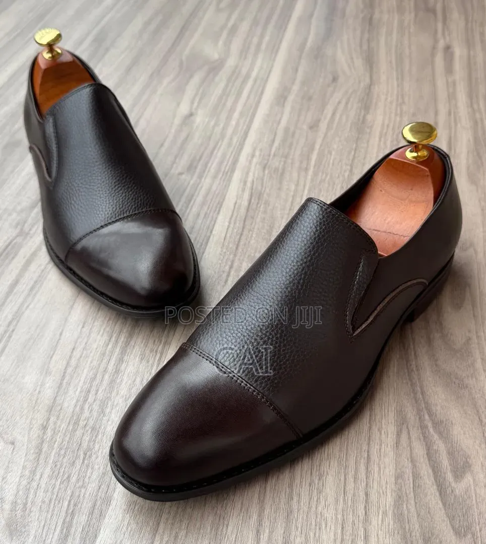 Men's Captoe Design Dark Brown Leather Slip-on Dress Shoes