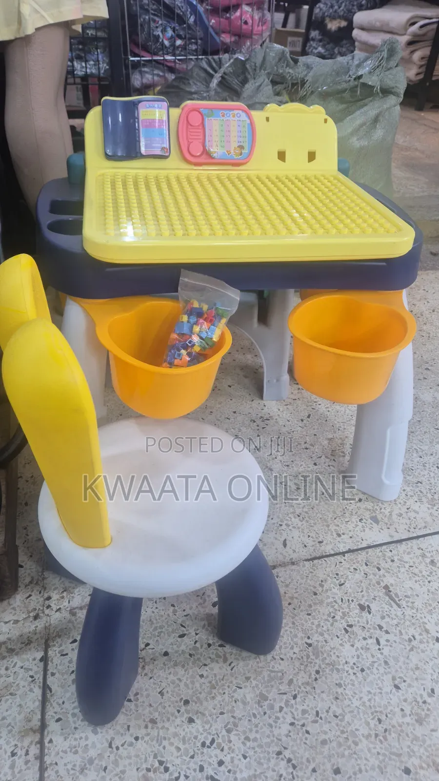 Kids Learning Building Blocks Table With Chair Storage Baskets