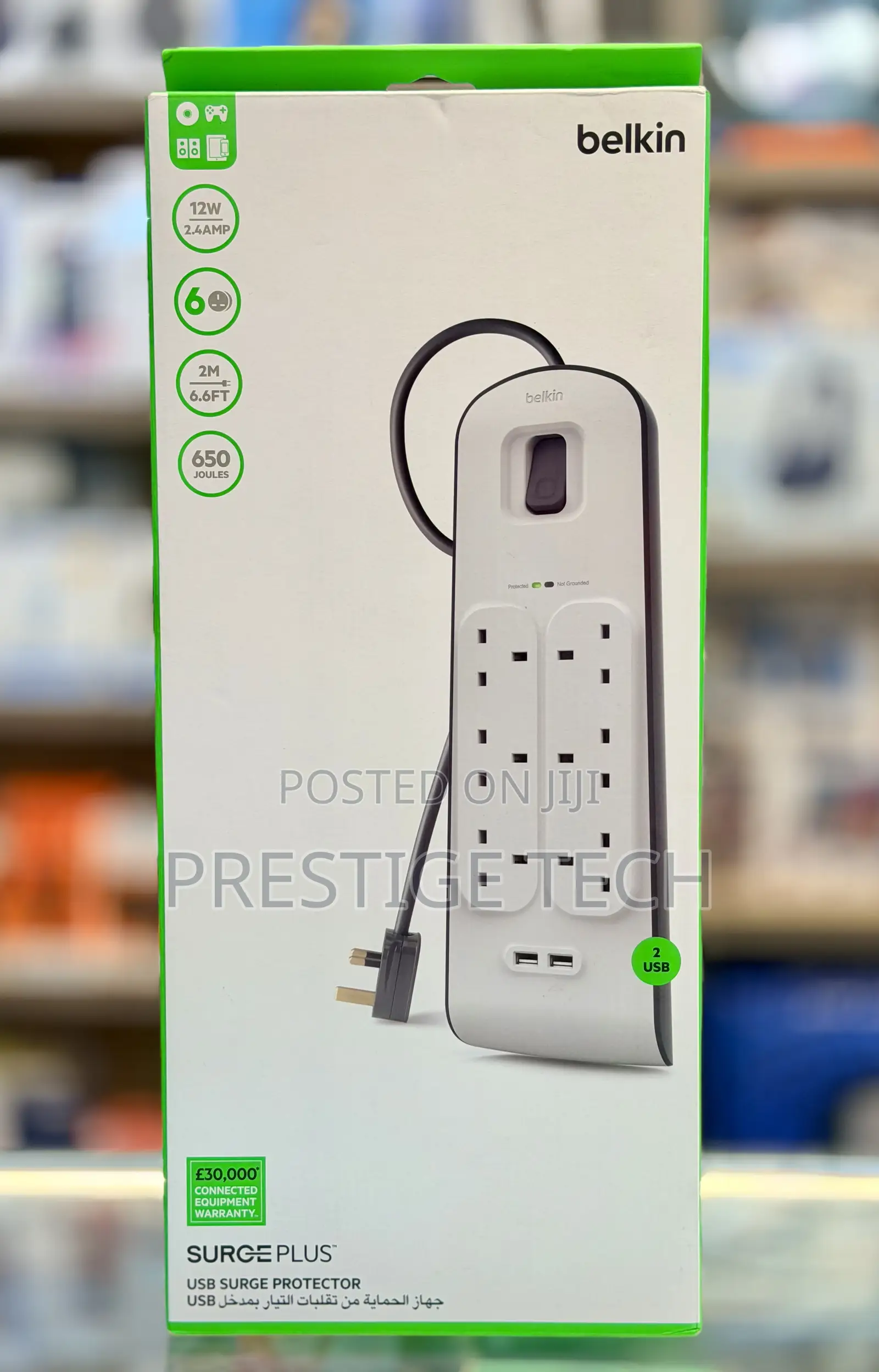 Belkin 6 Way 2 Meter Surge Protection Strip Power Extension With Usb