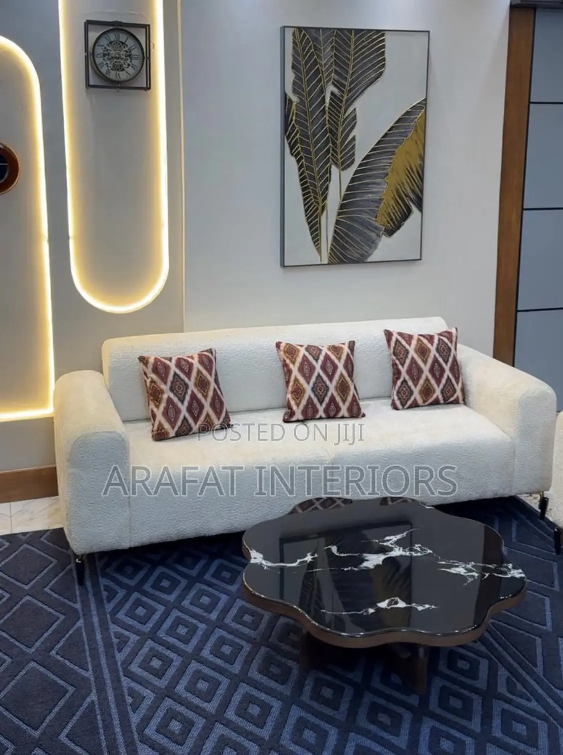 Beautiful White Bouclé 4-Seater Sofa With Decorative Pillows