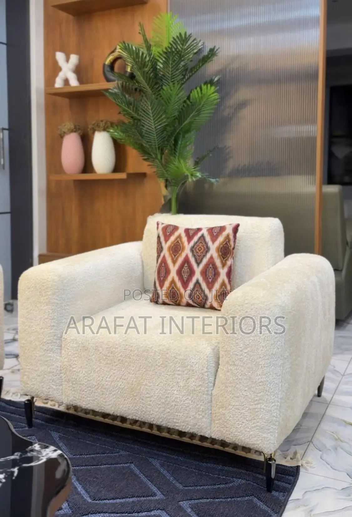 Beautiful White Bouclé 4-Seater Sofa With Decorative Pillows