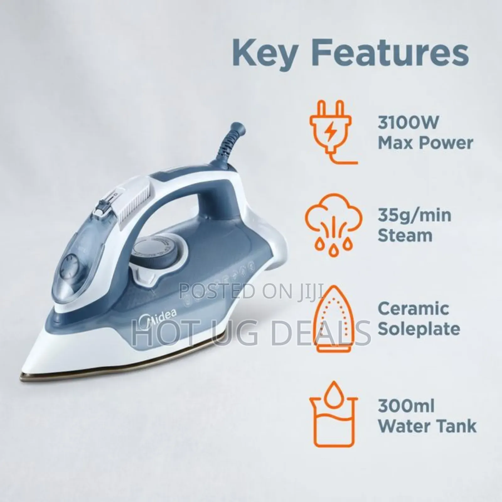 Midea High-Power Steam Iron With Ceramic Soleplate 3100w - Grey