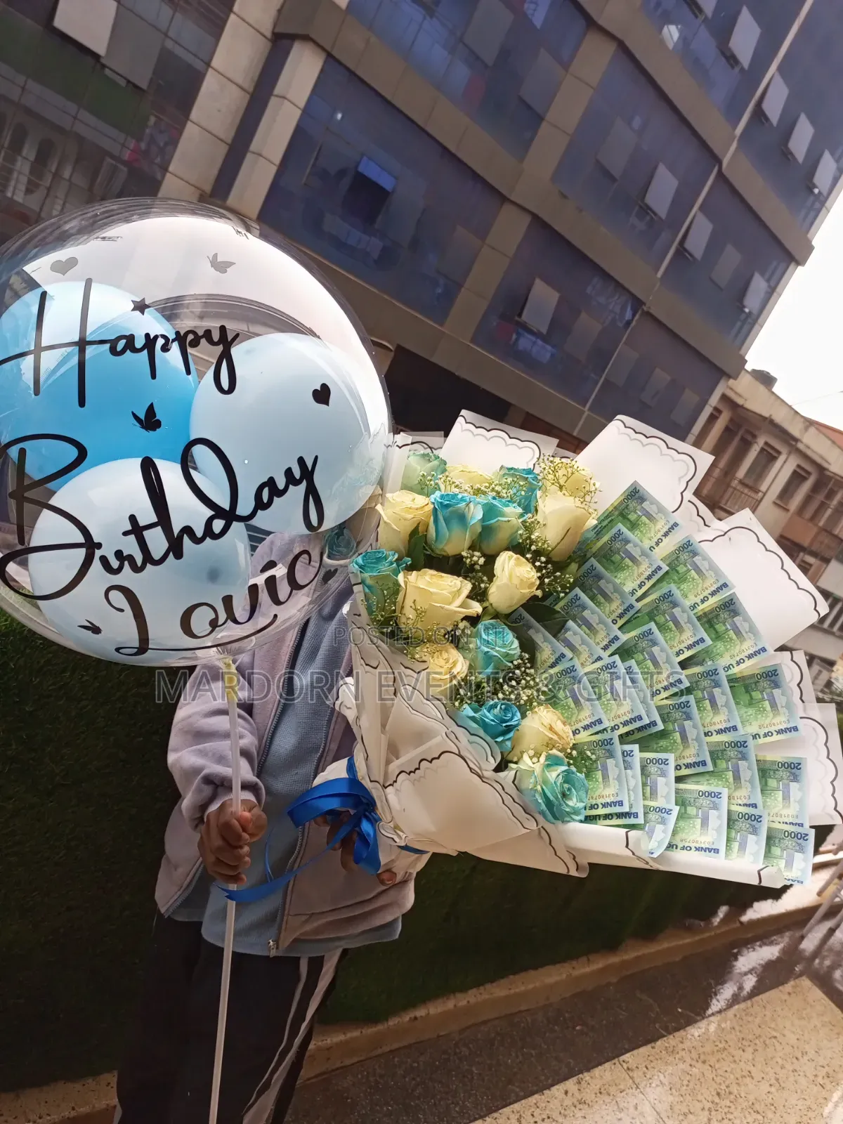 Flower Bouquet With Money In And A Balloon