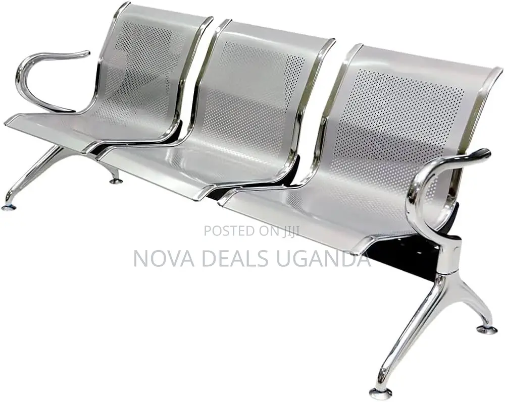 3 Silver Seater Metal Public Waiting Chair With Curved Armrest Office