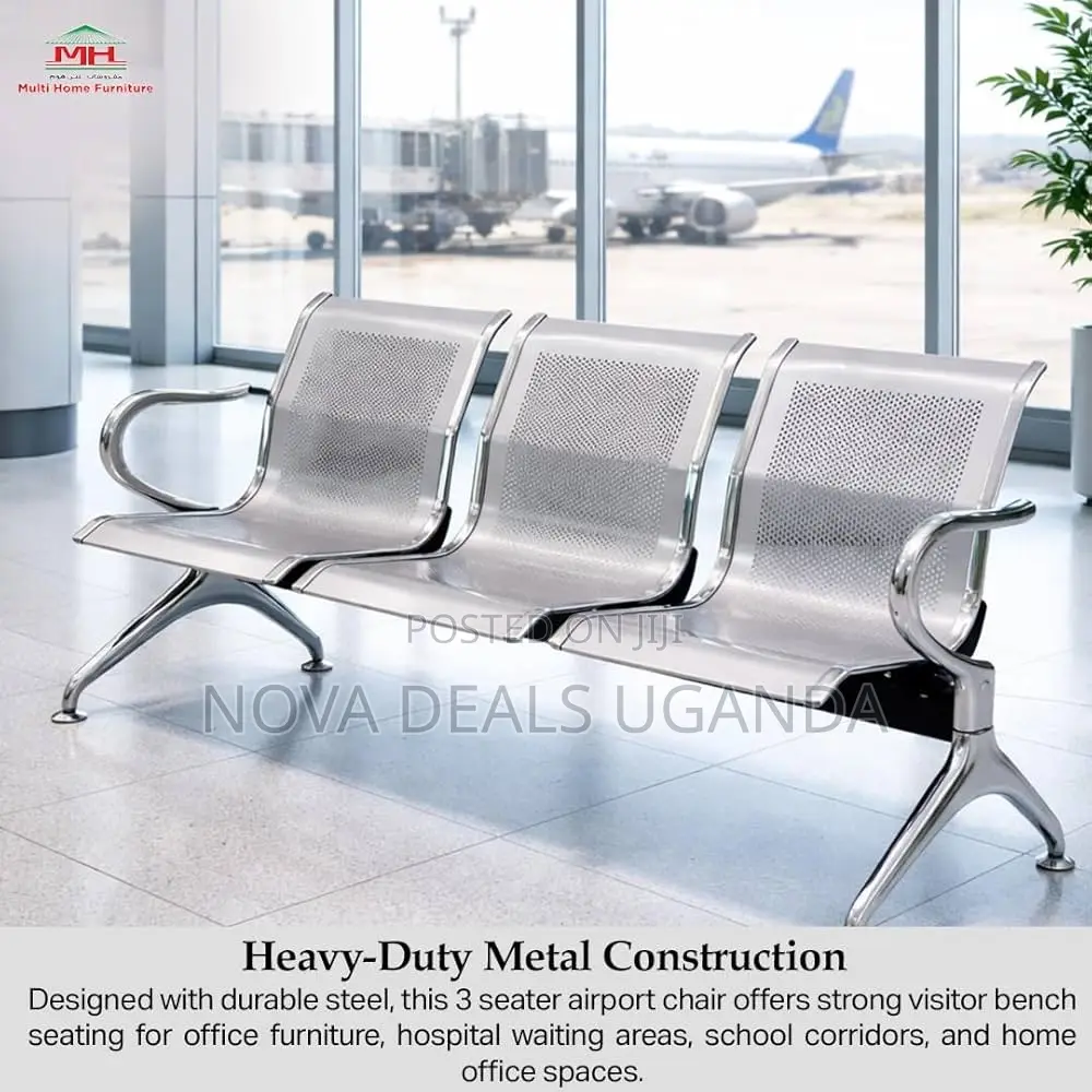 3 Silver Seater Metal Public Waiting Chair With Curved Armrest Office