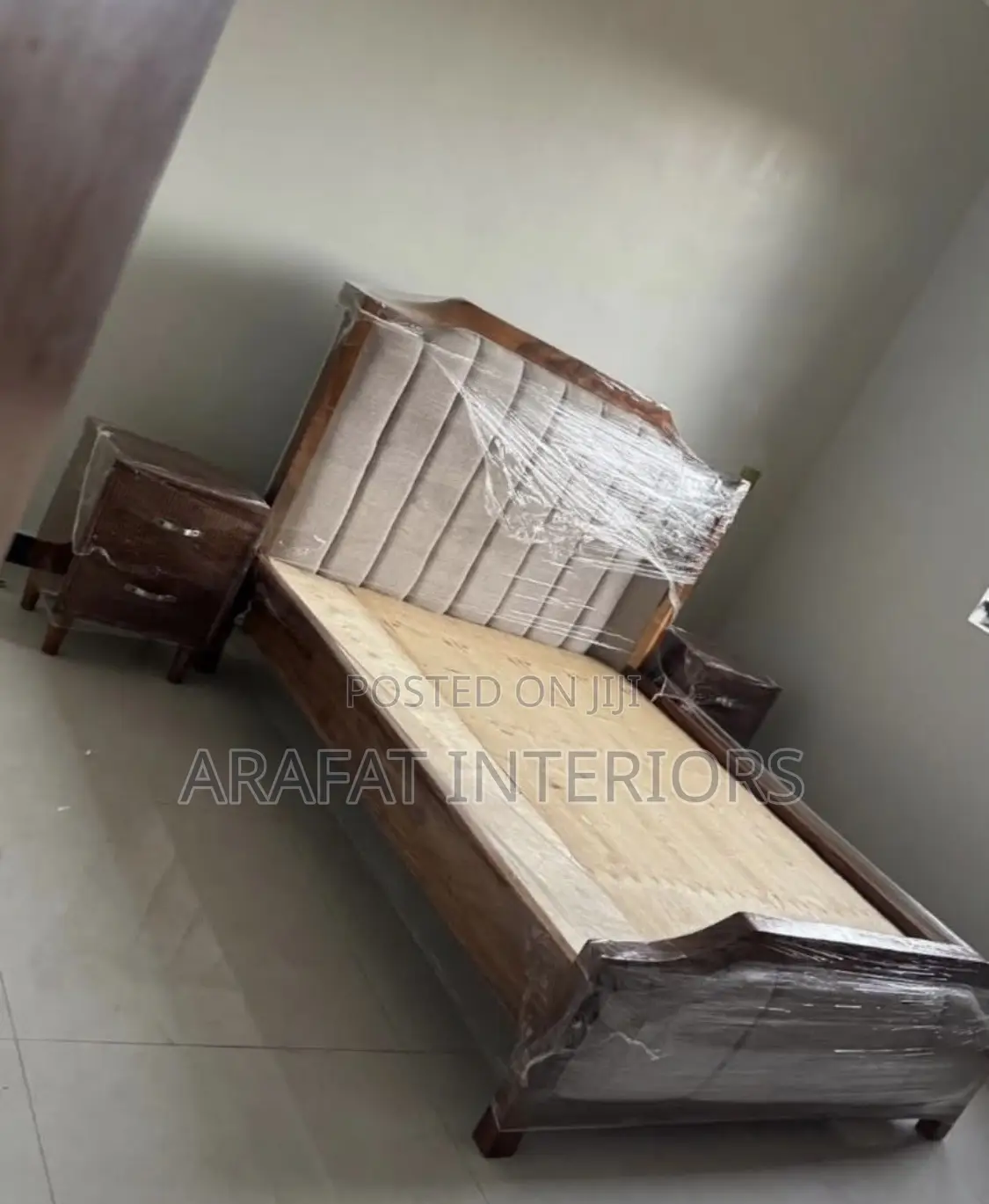Wooden Bed Frame Featuring a Beautiful Tall Upholstered Headboard!