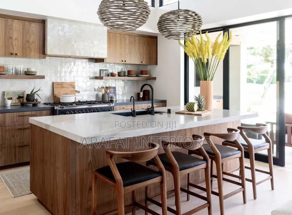Luxury Modern Walnut Kitchen Island With Marble Top + 4 Bar Stools