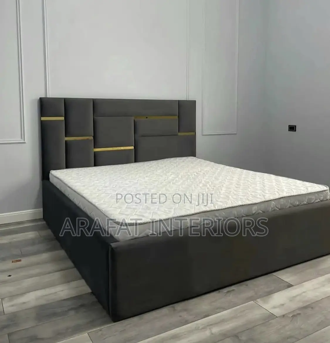 Stunning Modern Dark Grey Upholstered Bed – Premium Geometric Design!