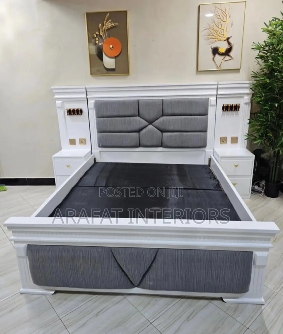 Luxury White Grey Upholstered Bed Set