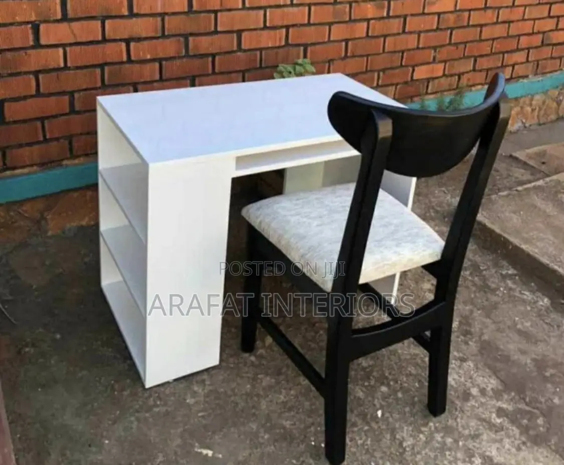 Modern White Study Desk With 3 Open Shelves + Matching Black Chair