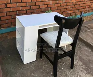 Modern White Study Desk With 3 Open Shelves + Matching Black Chair