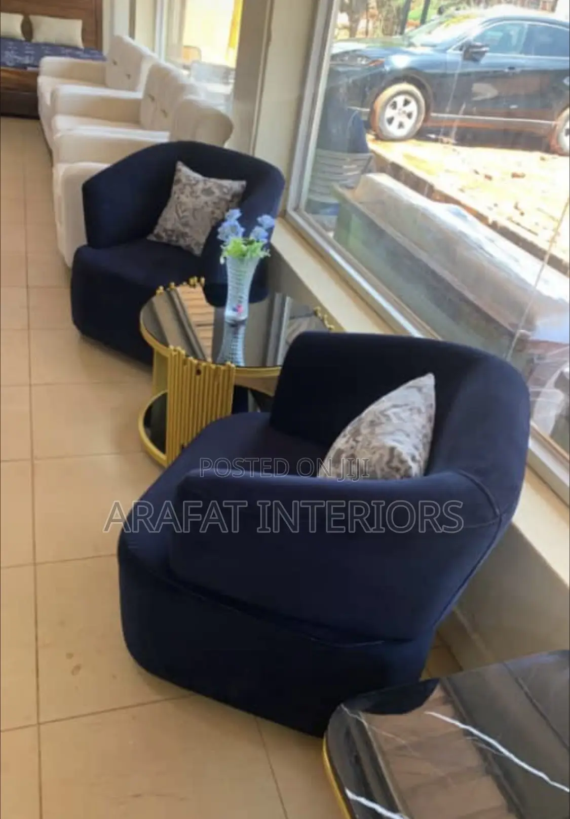 2 Navy Blue Velvet Swivel Tub Chairs