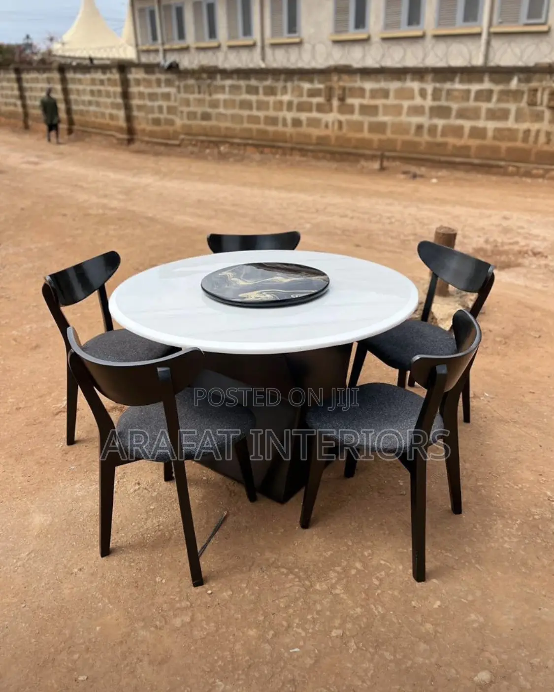 Modern Round White Marble Dining Table With 5 Chairs + Lazy Susan