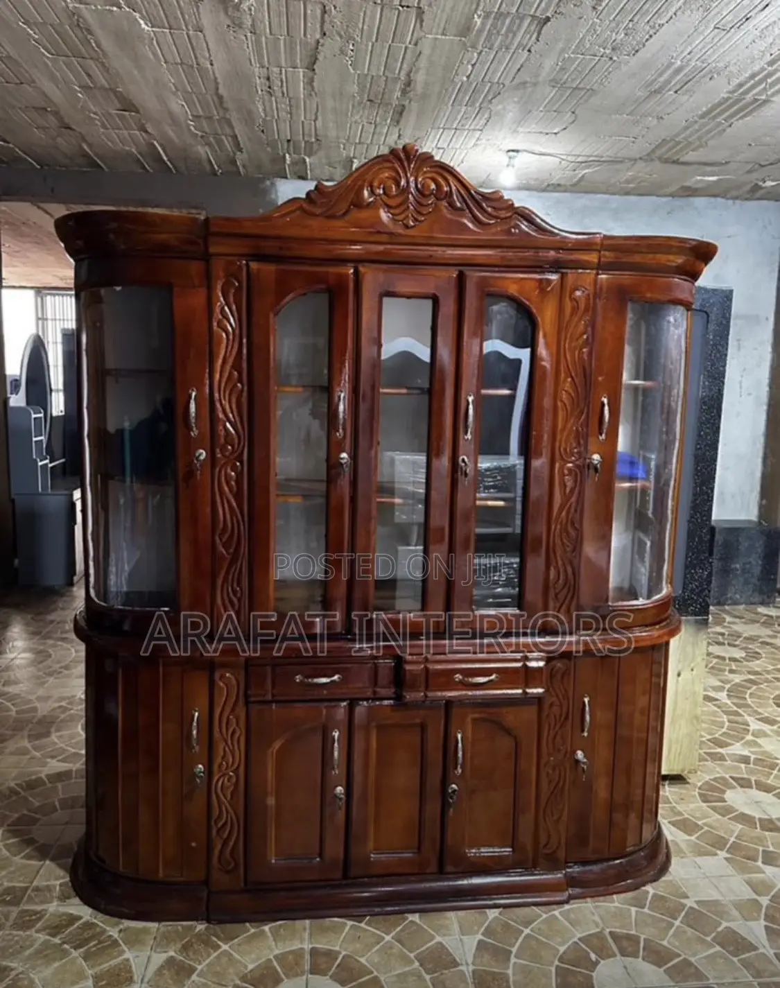 Large Ornate Dark Wood China Cabinet - Curved Glass Display Hutch