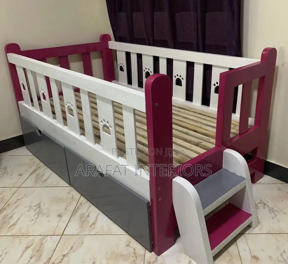 Adorable Magenta White Kids Bed With The Cutest Paw Print Details!